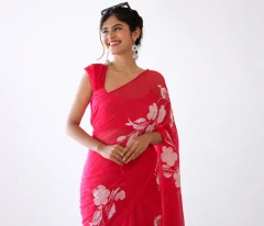 Hand-Painted Crimson Red Organza Saree with White Floral Artwork
